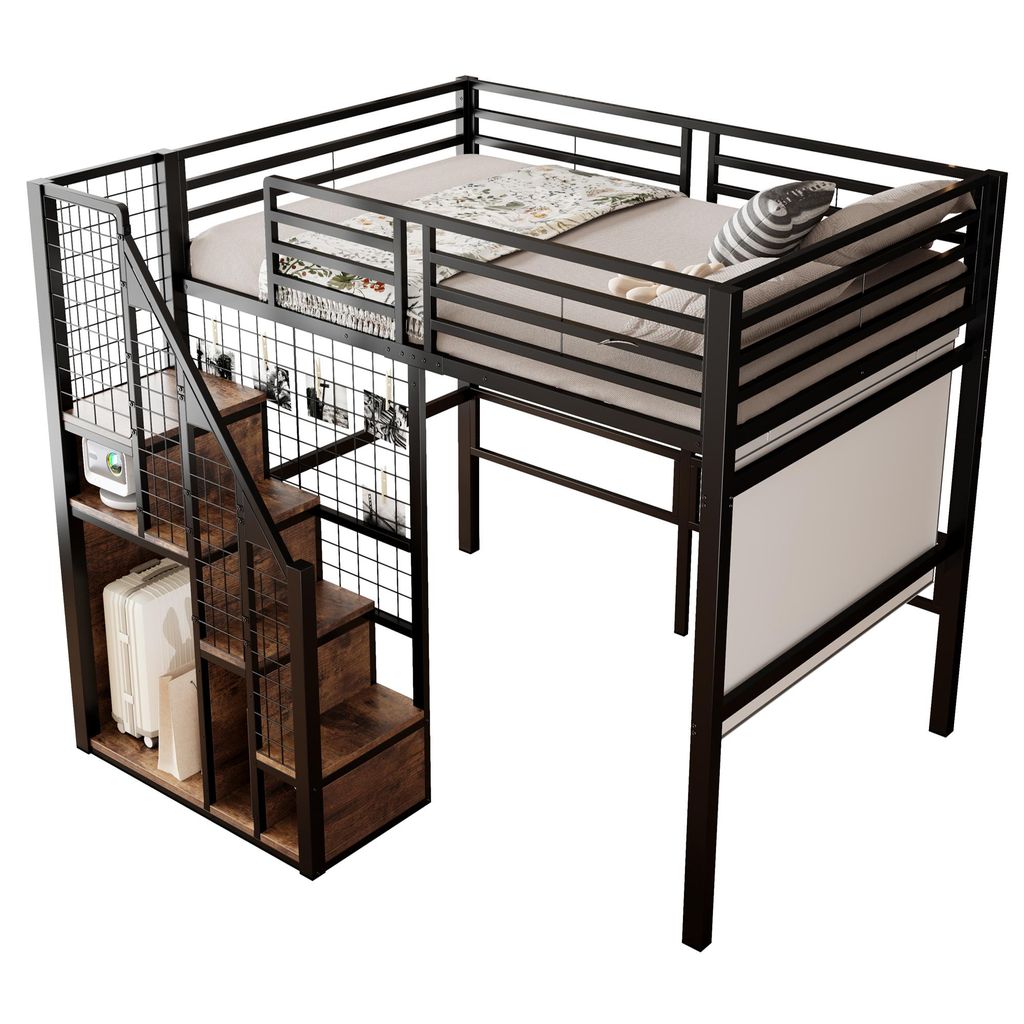 Hochbett mit Lattenrost, Rausfallschutz, Treppe, Regal und Kleiderschrank, 140x200 cm, Metallbett, Jugendbett