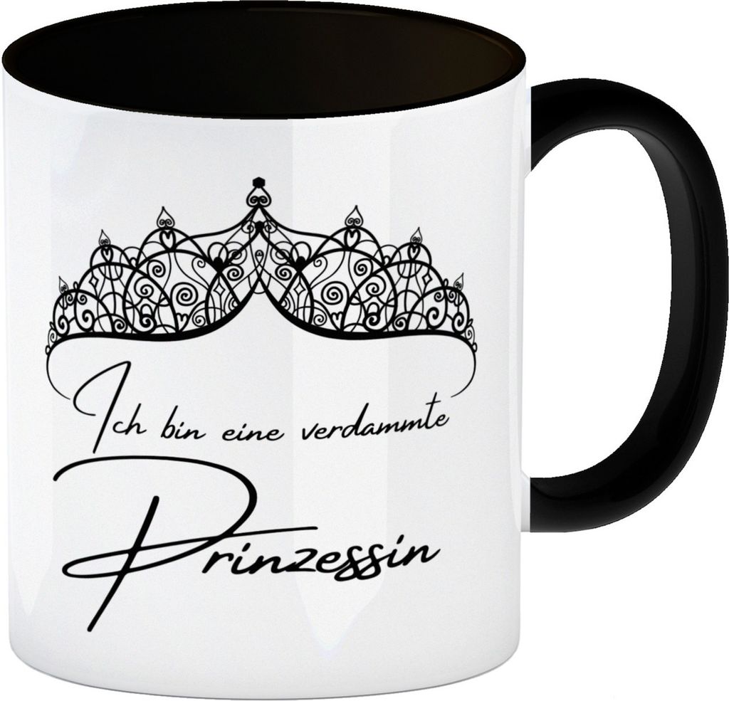 Diadem Kaffeebecher in schwarz mit Spruch Ich bin eine verdammte Prinzessin