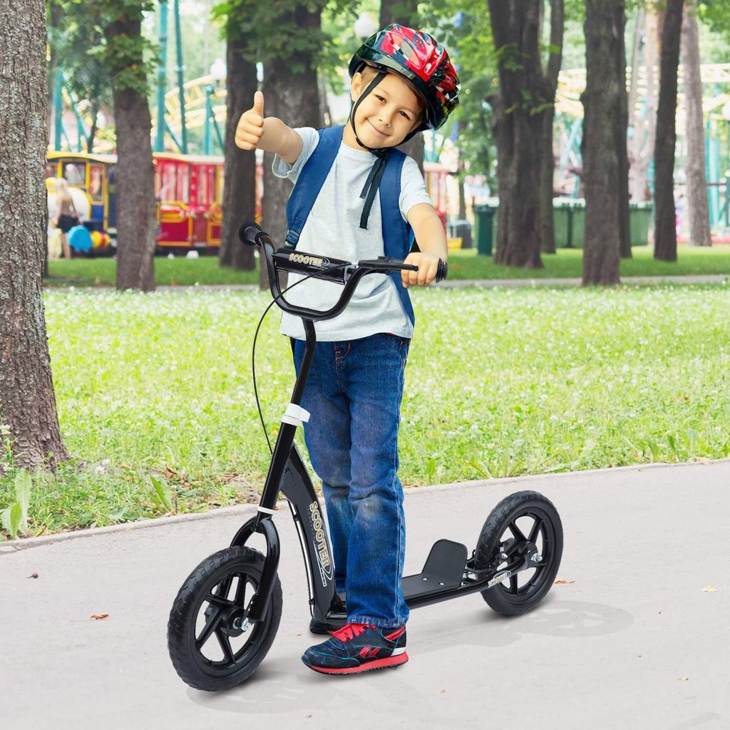 Kinderroller Kickscooter 12 Zoll Mit Hinterbremse, Höhenverstellbarer Tretroller, Roller In Schwarz, Stahl & Eva
