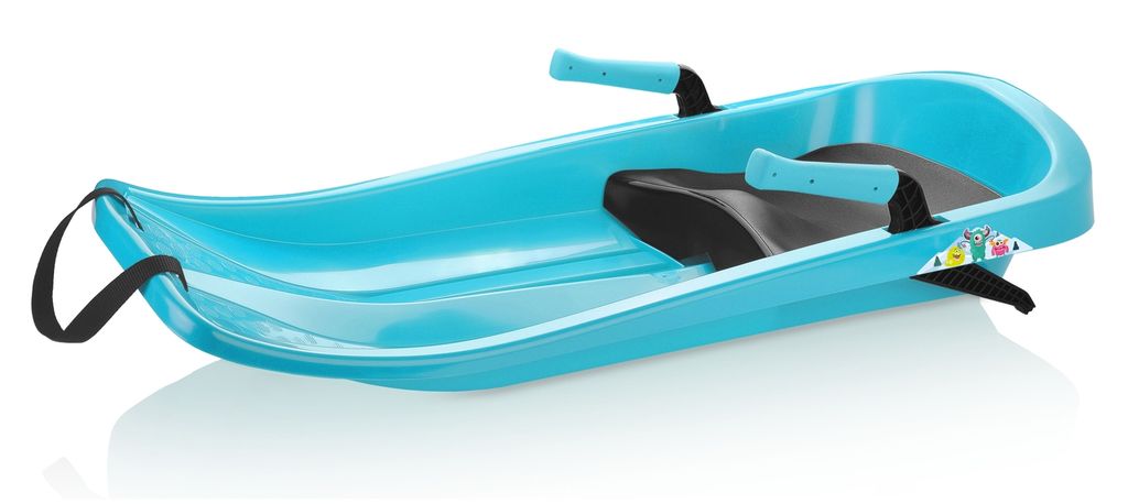 A blue plastic sled with black seats and handles, shown on a white background.
