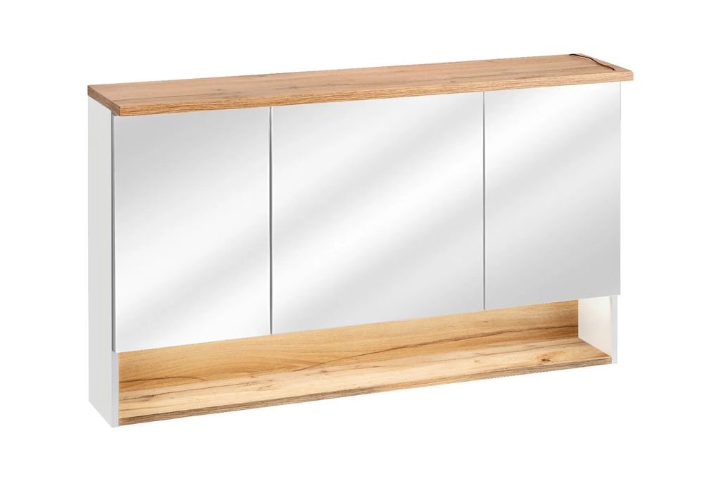A white and wood-colored bathroom cabinet with mirrored doors and a shelf below, shown against a white background.