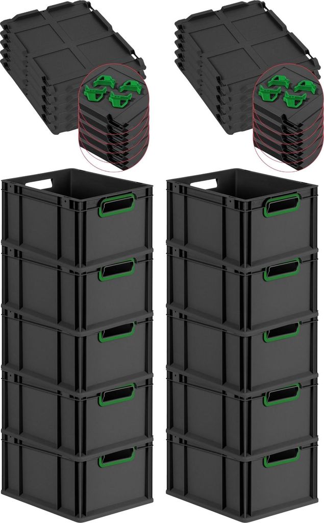 SparSet 10x Eurobox NextGen Color mit Auflagedeckel und Schiebeschnappverschlüsse | HxBxT 22x30x40cm | 20 Liter | Schwarz | Griffe grün offen | E...