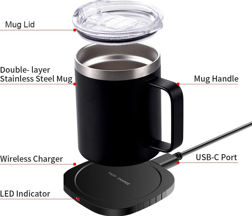 2 IN 1 Coffee Mug Warmer and Wireless Charger with Cup and Lid 55/131H Intelligent Constant Temperature 10.5oz Food Grade Double Layer 304 Stainles...