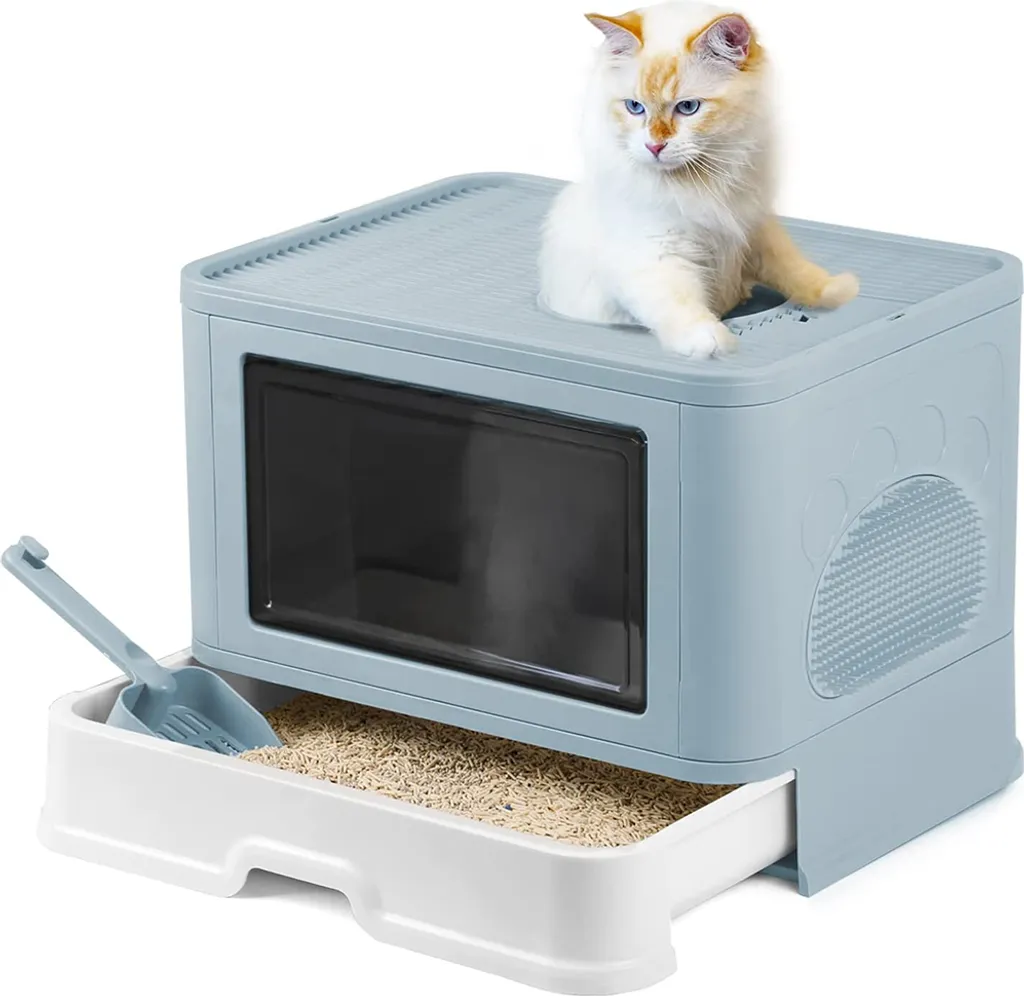 Bac à litière avec bac extensible rétractable et pelle de nettoyage bleu