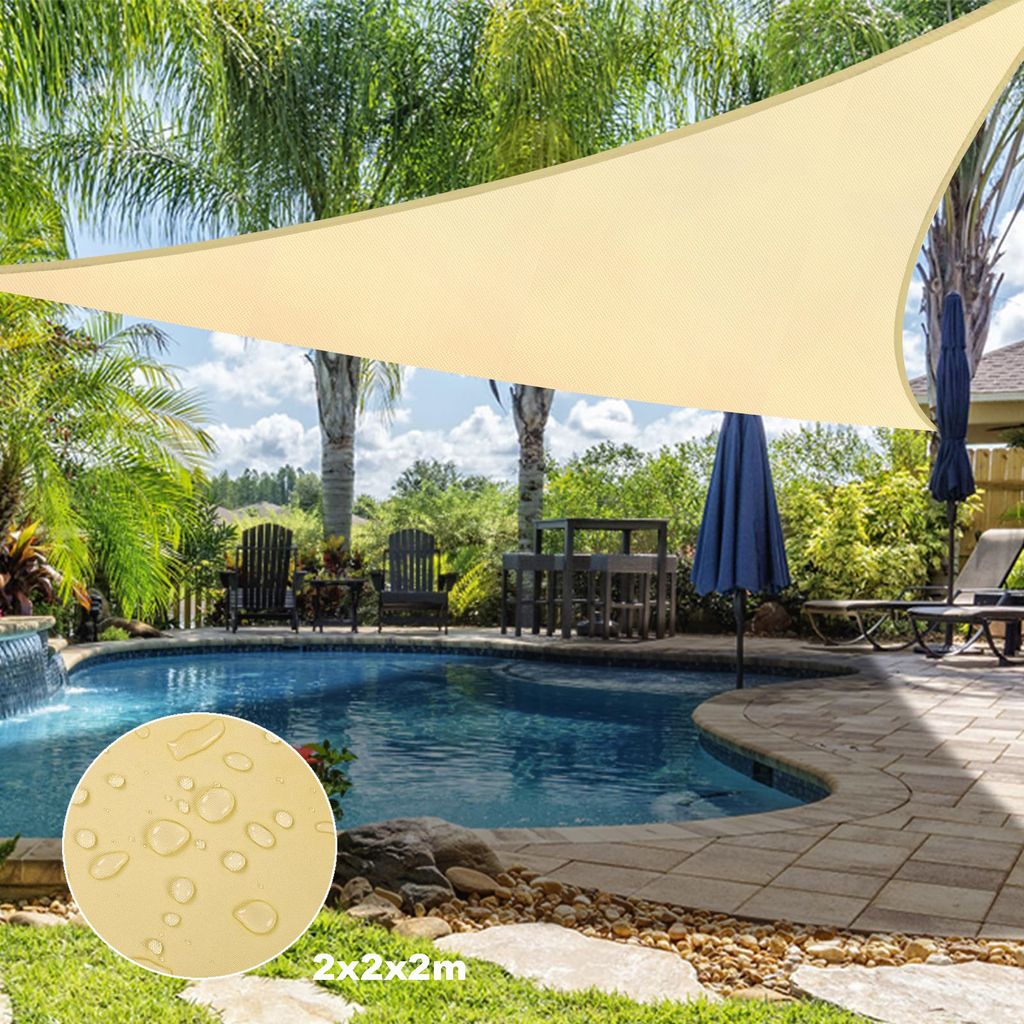 Sonnensegel Wasserdicht Dreieckig 2x2x2M, Sonnenschutz Segeltuch Reißfest 420D Oxford Gewebe Ösen Seile, Windschutz Beige Balkon Garten Camping