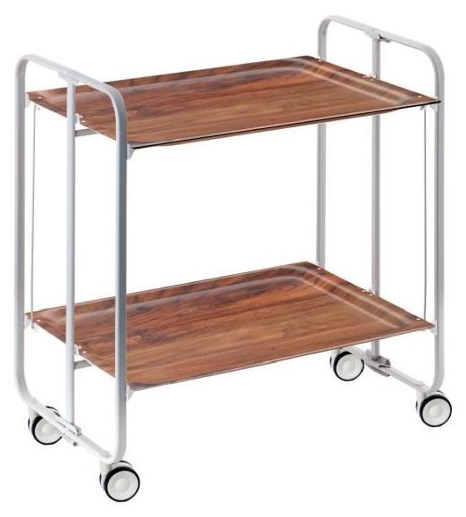 A two-tiered serving cart with a wood-grain finish on the trays and a white metal frame.