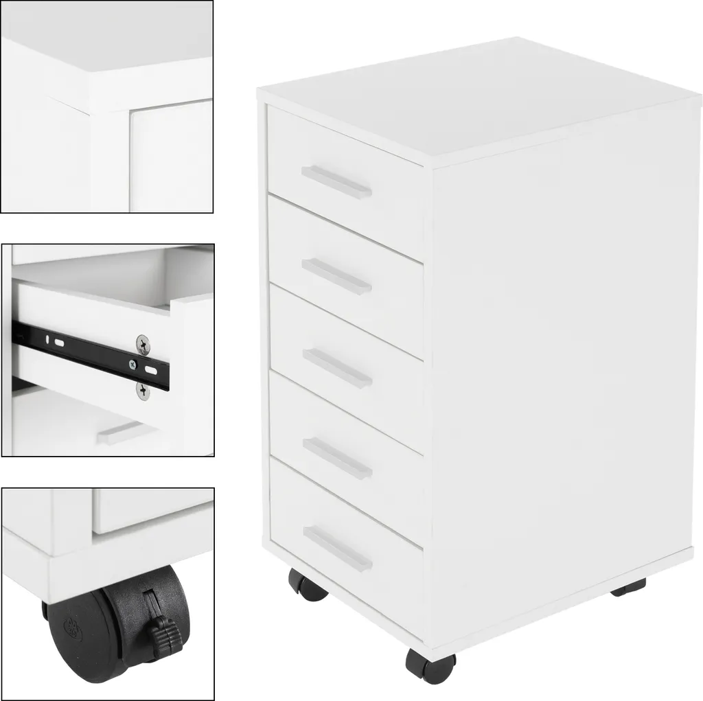Caisson de Bureau Blanc à Roulettes avec 5 Tiroirs Spacieux - Set de 2 - 3