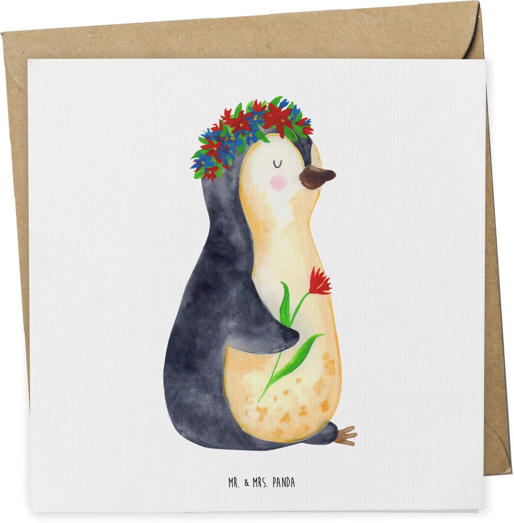 Mr. & Mrs. Panda Klappkarte Pinguin Blumen - Weiß - Geschenk, Blumenliebe, doppelkarte, Universum, Grußkarte, Ziele, Wunderschön, Geschenkidee, ...