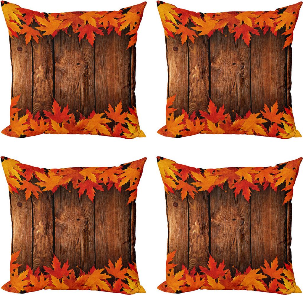 ABAKUHAUS Fallen Kissenbezug Set (4 Stück), Blätter auf dem Holzbrett, Moderner Doppelseitiger Digitaldruck, 45 cm x 45 cm, braun orange