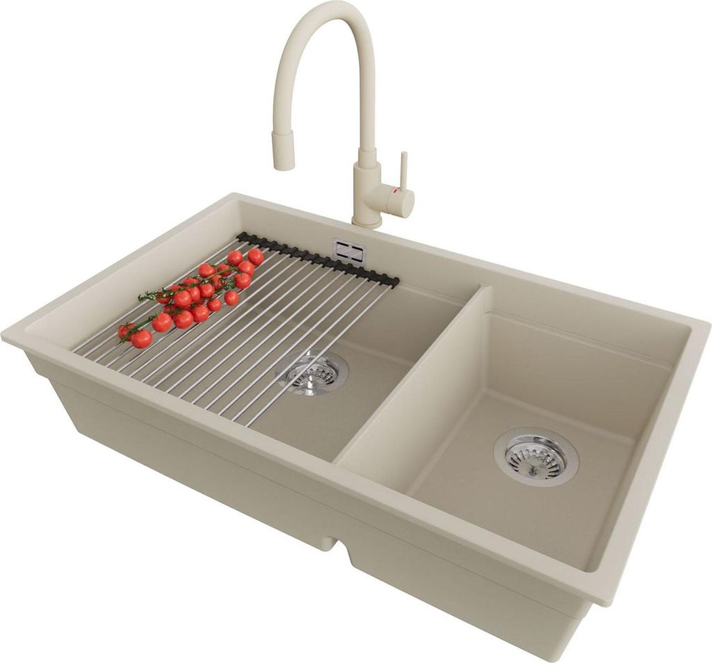 PRIMAGRAN Granitspüle Beige 76x47cm, Spülbecken 2 Becken + Ablauf-Set + Küchenzubehörset, Küchenspüle ab 80er Unterschrank - Praga Slim Duo
