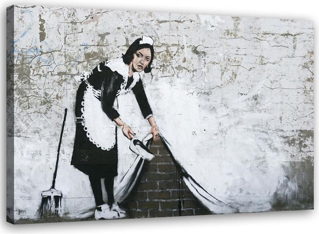 Leinwandbild hausmädchen banksy - wandmalerei straßenkunst 100x70 cm Feeby grau wandbild bereit zum aufhängen