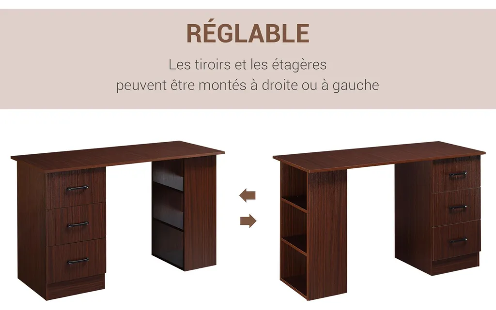 Table informatique réversible avec tiroirs et étagères, bois noyer - 8