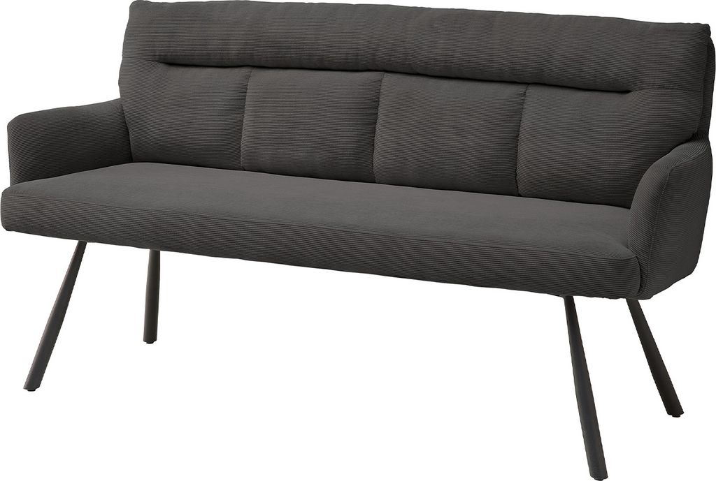 A studio shot of a gray upholstered bench with dark metal legs.