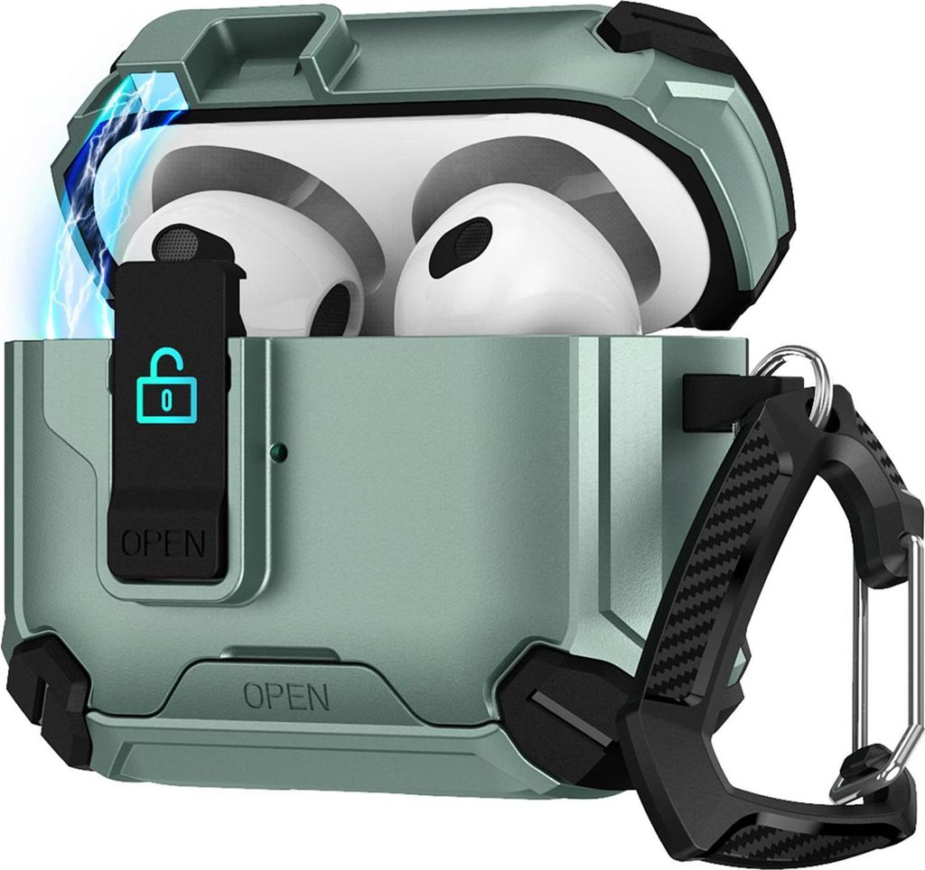 Hülle für Apple AirPods 3 Defender Schutzhülle mit Karabiner 360° Schutzbox Kopfhörer stoßfestes Full Body Cover Grün