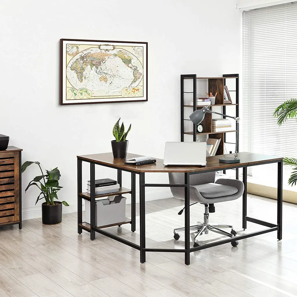 Bureau d'angle Fabrice 138cm marron rustique et noir avec 2 tablettes - 4