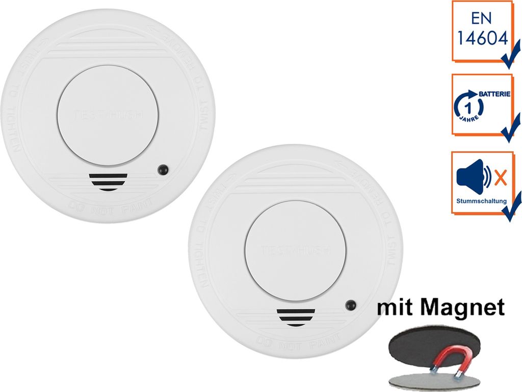 2er-Set Rauchmelder mit 1 Jahres Batterie - Stummschaltfunktion + Magnethalter