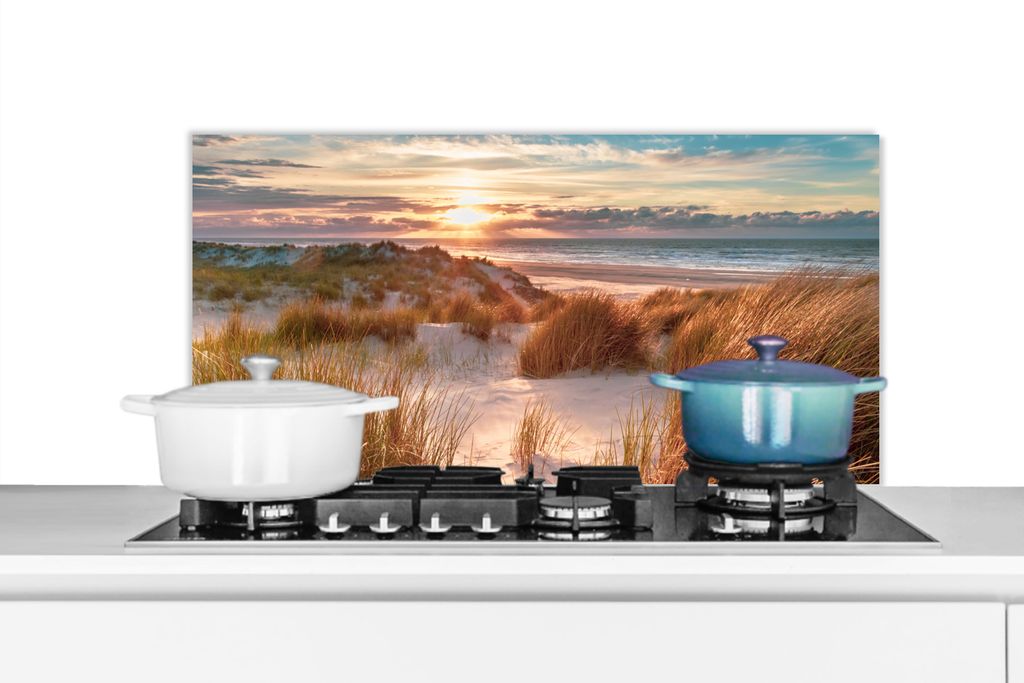 KitchenYeah Spritzschutz Küche - Küchenrückwand - Wandschutz für Herd und Spüle - Düne - Pflanzen - Sonnenuntergang - Strand - Meer 80x40 -...