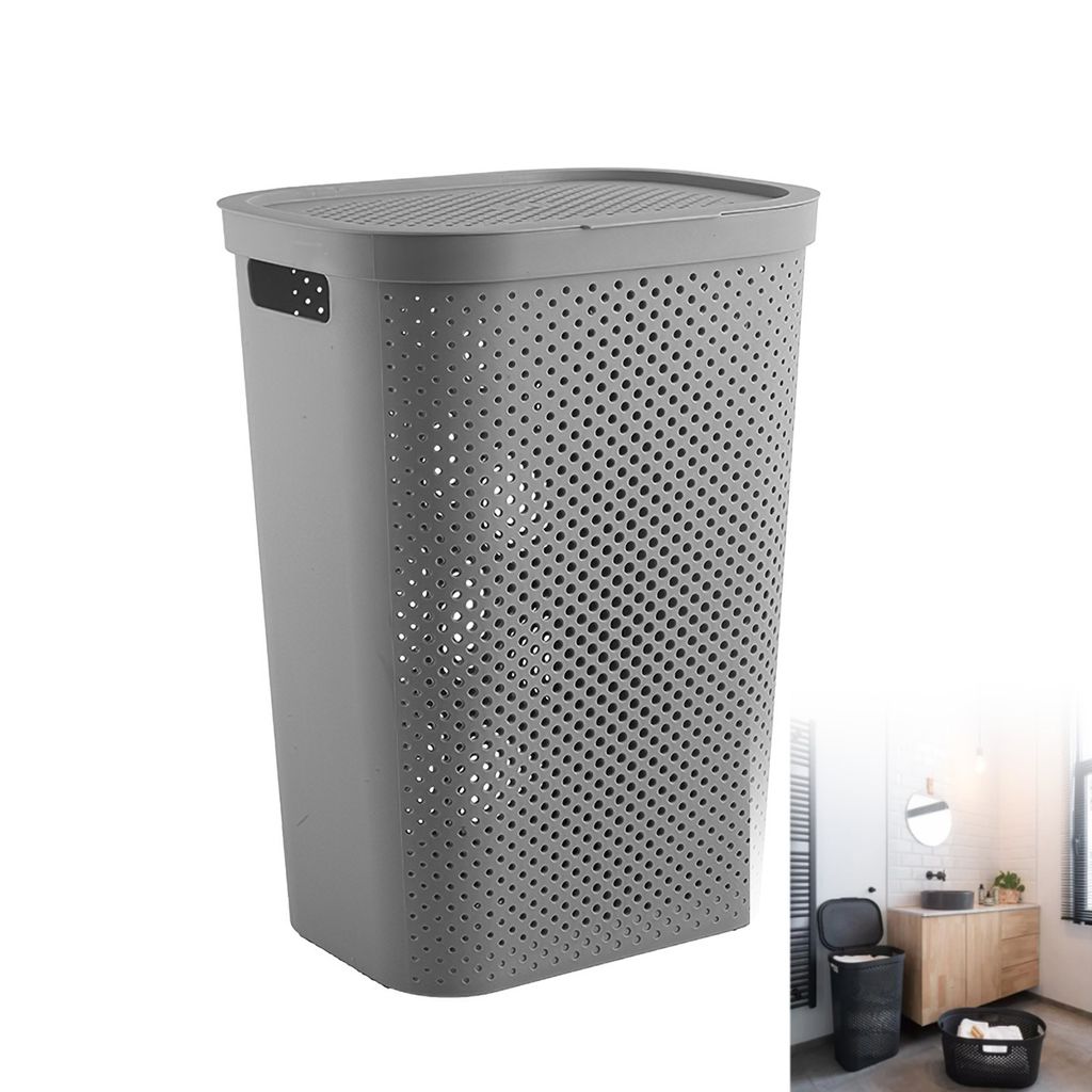Wäschekörbe, 70L Wäschekorb mit Deckel, wäschekorb plastik, 44x33.5x57.5cm wäschetonne,hohes Volumen, grau