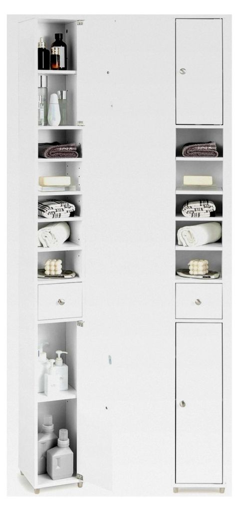 Schmaler Hochschrank für das Bad, Badezimmerschrank mit 2 Türen, 1 Schublade und verstellbaren Regalen, platzsparendes Badregal für Badezimmer, ...