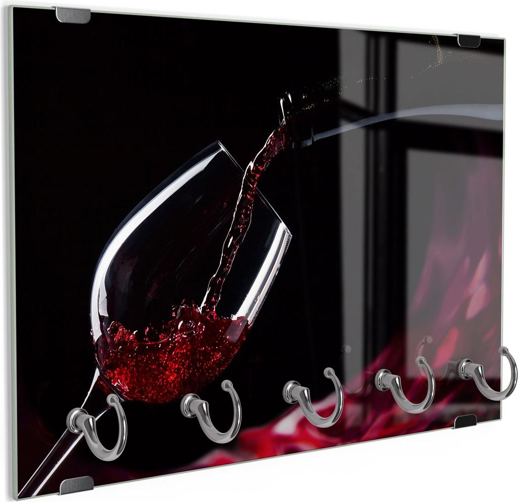 DEQORI Schlüsselbrett Glas 30x20 cm 'Rotwein ins Glas gegossen' Schlüssel Halter Haken