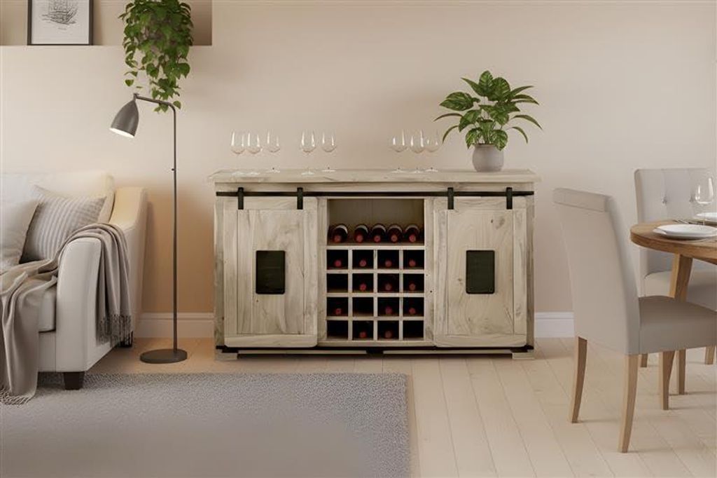 Wein-Sideboard Libro, Akazienholz massiv + eichefarben, Weinschrank mit 2 Holzschiebetüren, 3 Schubladen, 3 offenen Fächern & 16 Flaschenfächern...