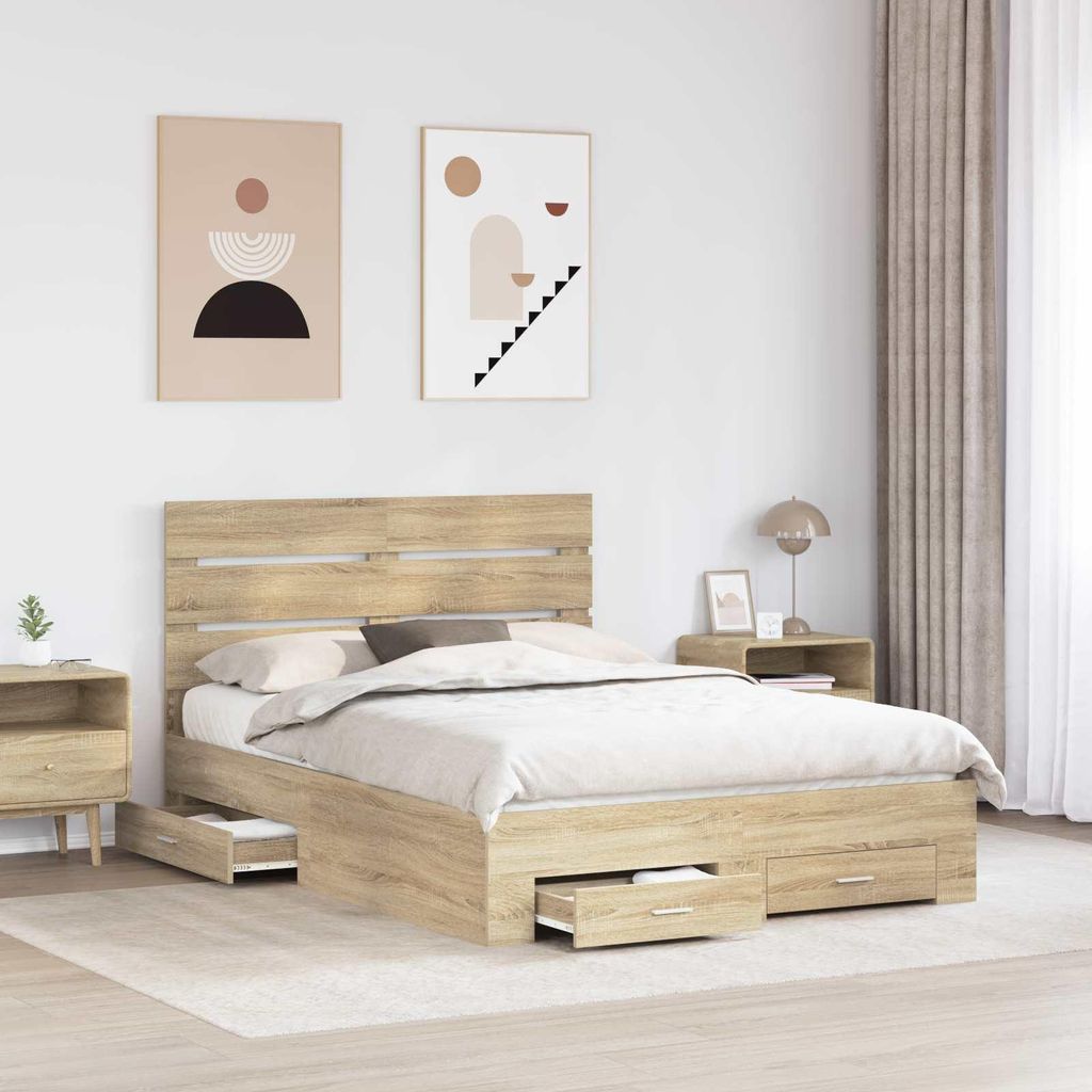 Eleganter Möbel Bettrahmen mit Kopfteil Sonoma-Eiche 150 x 200cm Holzwerkstoff - CJG782031 - Klassische BettenJugendbett Tagesbett