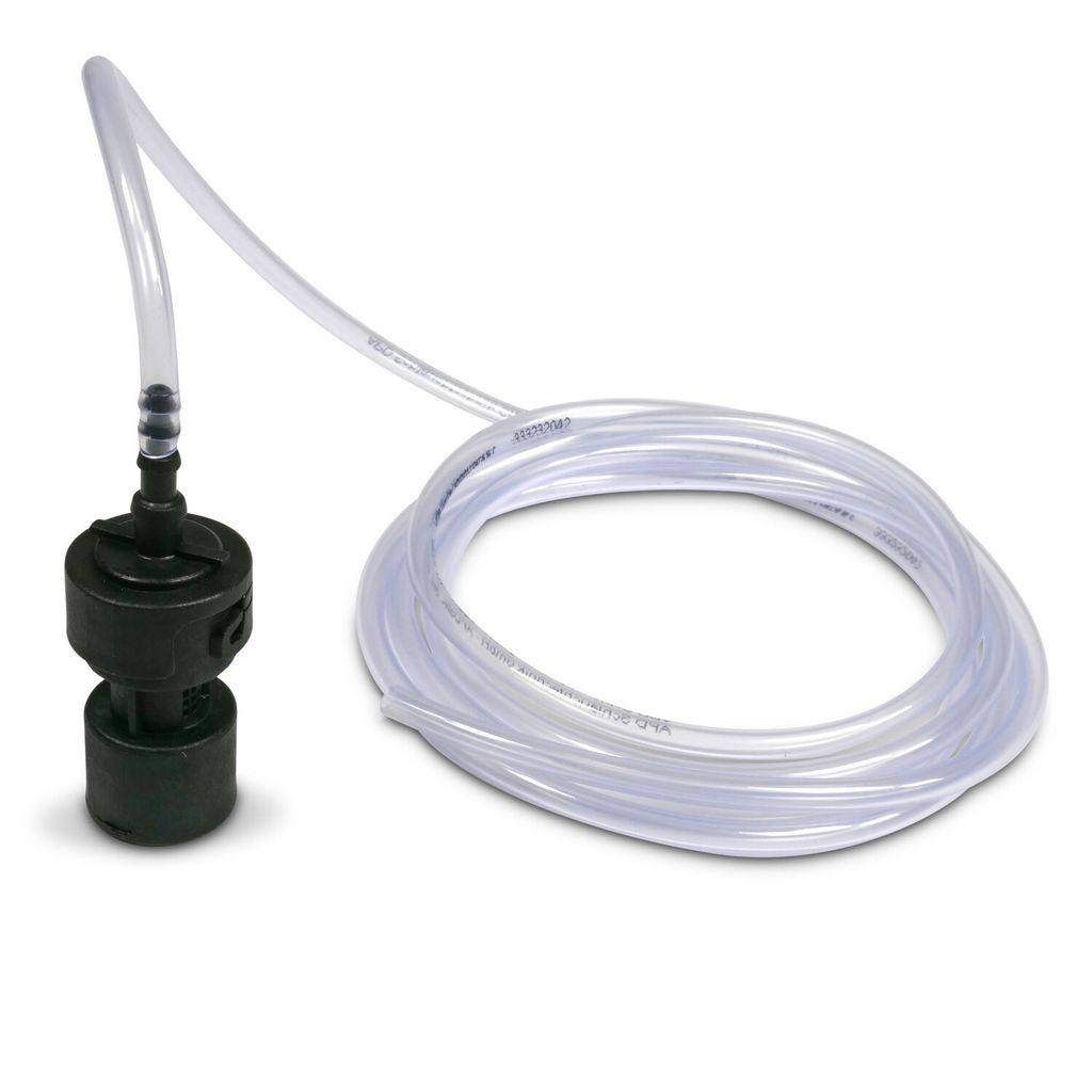 A black filter head with a clear tube attached, coiled on a white background.