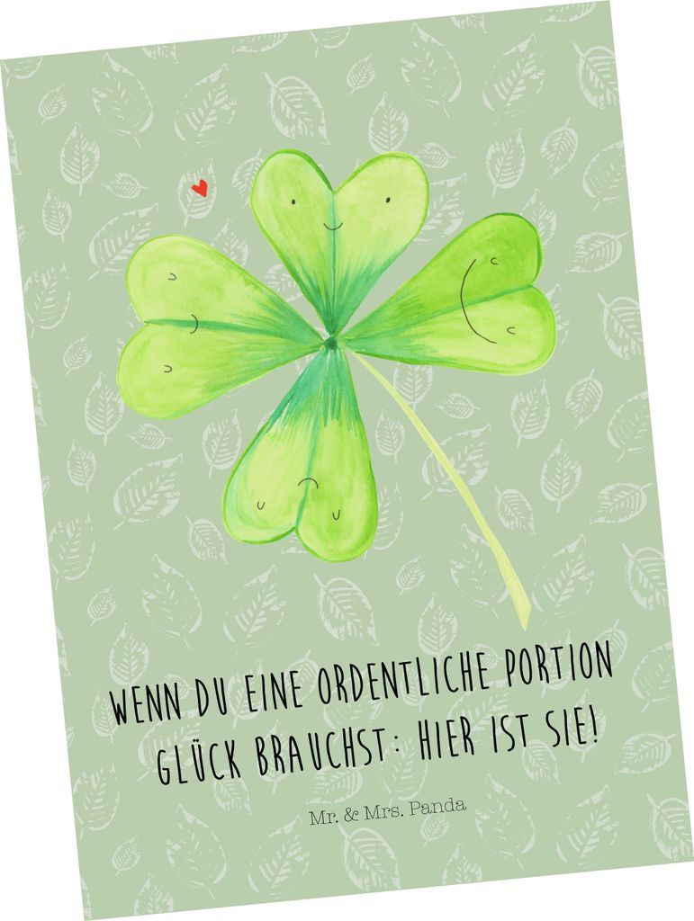 Mr. & Mrs. Panda Postkarte Blume Kleeblatt - Blattgrün - Geschenk, Grußkarte, bildkarte, Umzug, Neuanfang, Ansichtskarten, Postkarten, Motivation...