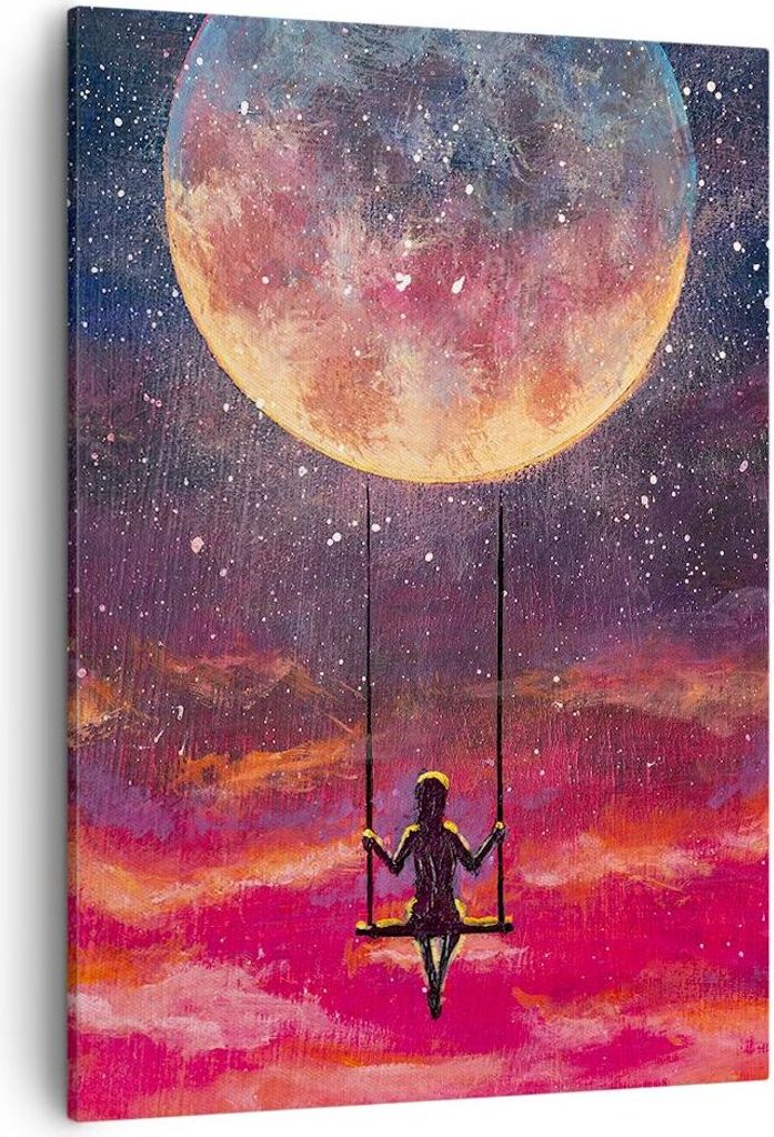 Bild auf Leinwand - Leinwandbild - Einteilig - Mond Schaukel Frau - 50x70cm - Wand Bild - Wanddeko - Wandbilder - Leinwanddruck - Wanddekoration - ...