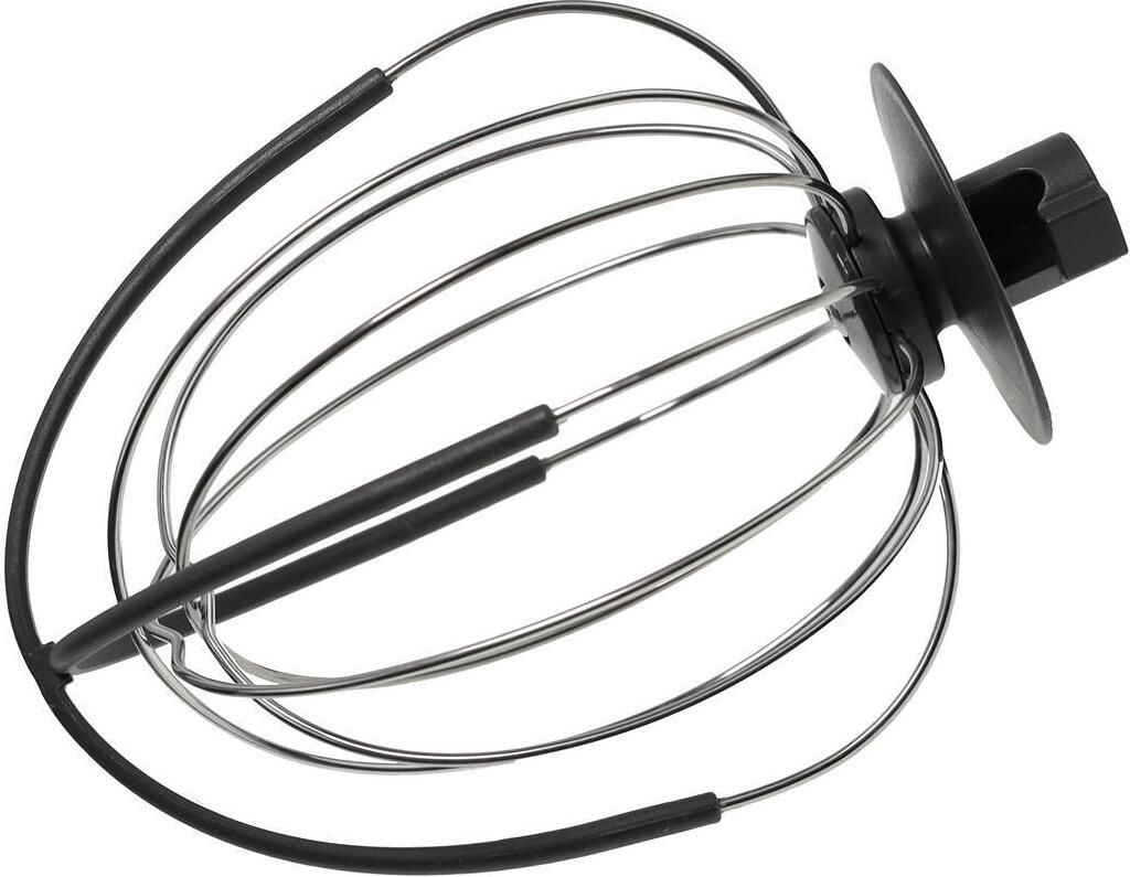 A close-up, isolated shot of a kitchen mixer whisk attachment.