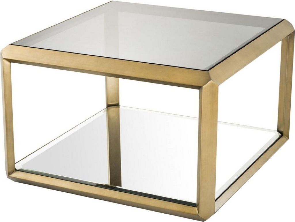 Casa Padrino Luxus Beistelltisch Messingfarben / Schwarz 75 x 75 x H. 55 cm - Edelstahl Tisch mit Glasplatte und Spiegelglas - Luxus Wohnzimmer Möbel