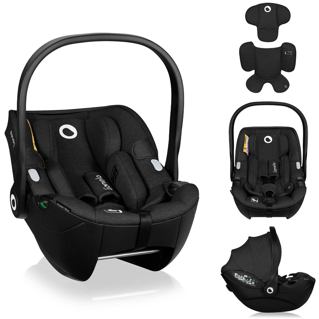 A collage of images showing a black baby car seat from different angles, including a close-up of the handle and interior, a view of the car seat with accessories, and a separate image of the car seat with its canopy.