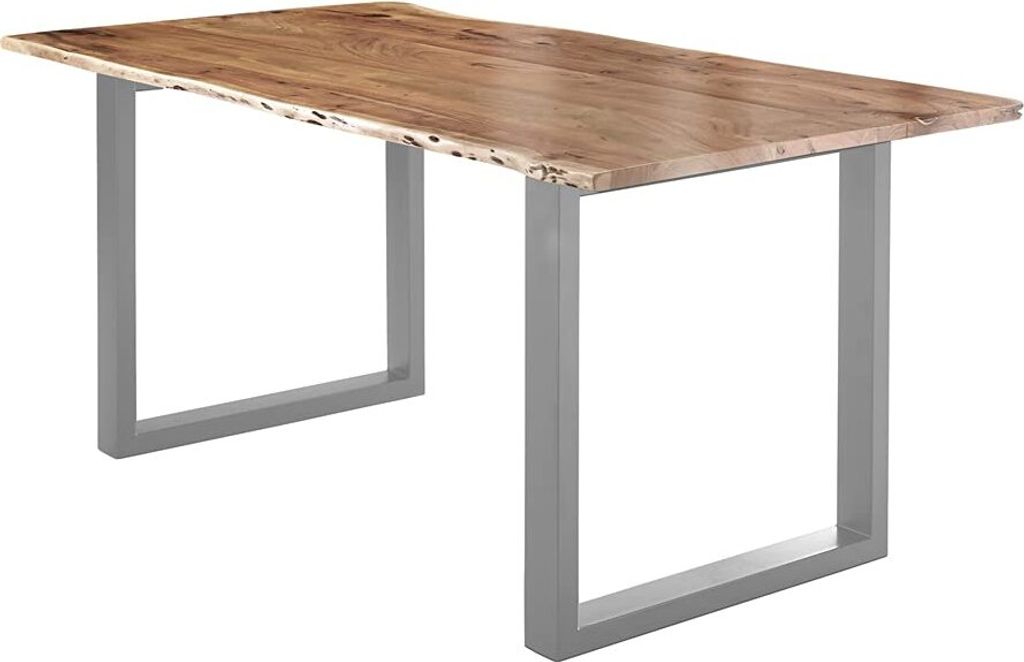 Esstisch 200x100 cm Lubin, Akazienholz naturfarben, Massiver Esszimmertisch mit echter Baumkante, Baumkantentisch mit U-Gestell Silber, 26 mm Tisch...