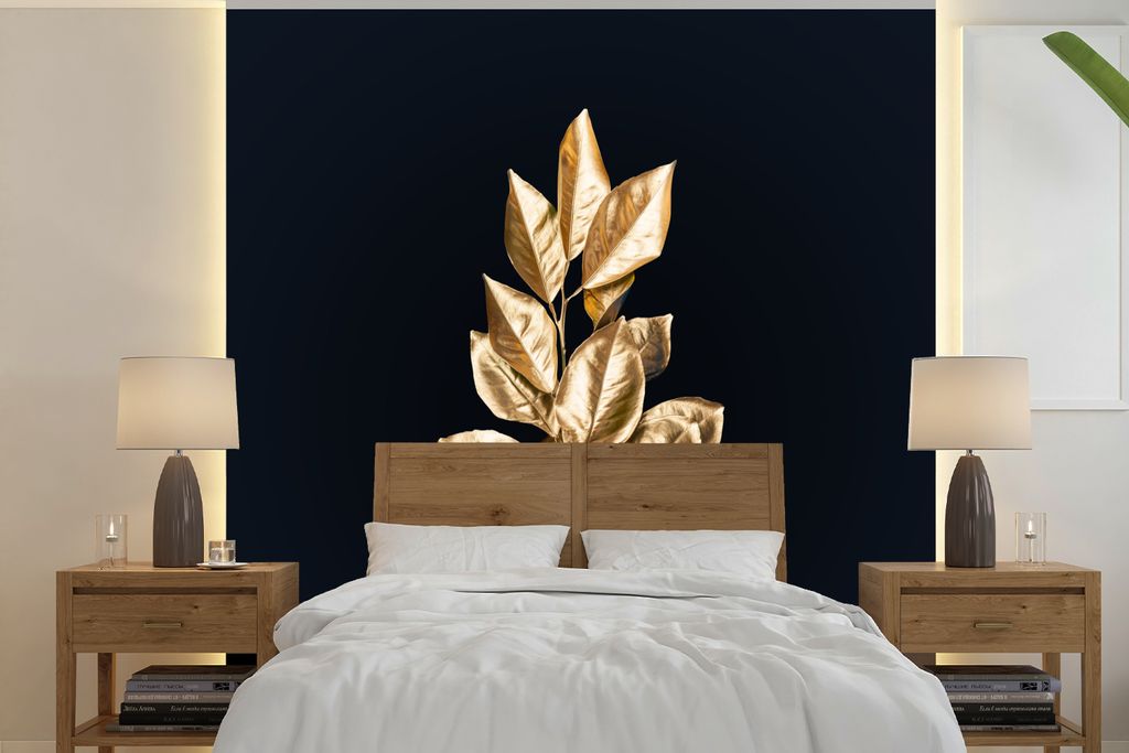 MuchoWow Fototapete für Wohnzimmer oder Schlafzimmer Wandtapete Vinyl Motivtapete Pflanze - Blätter - Gold - Schwarz - Luxus - 280x280 cm - Hin...