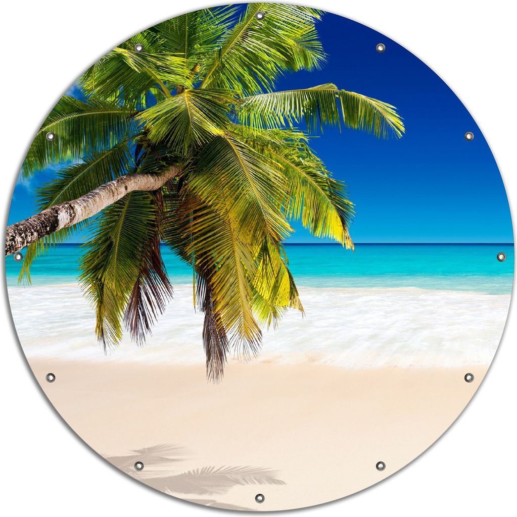 Wallario rundes Outdoor-Poster für Garten oder Balkon, Motiv Südseestrand in der Karibik mit Palme, 120 cm Durchmesser