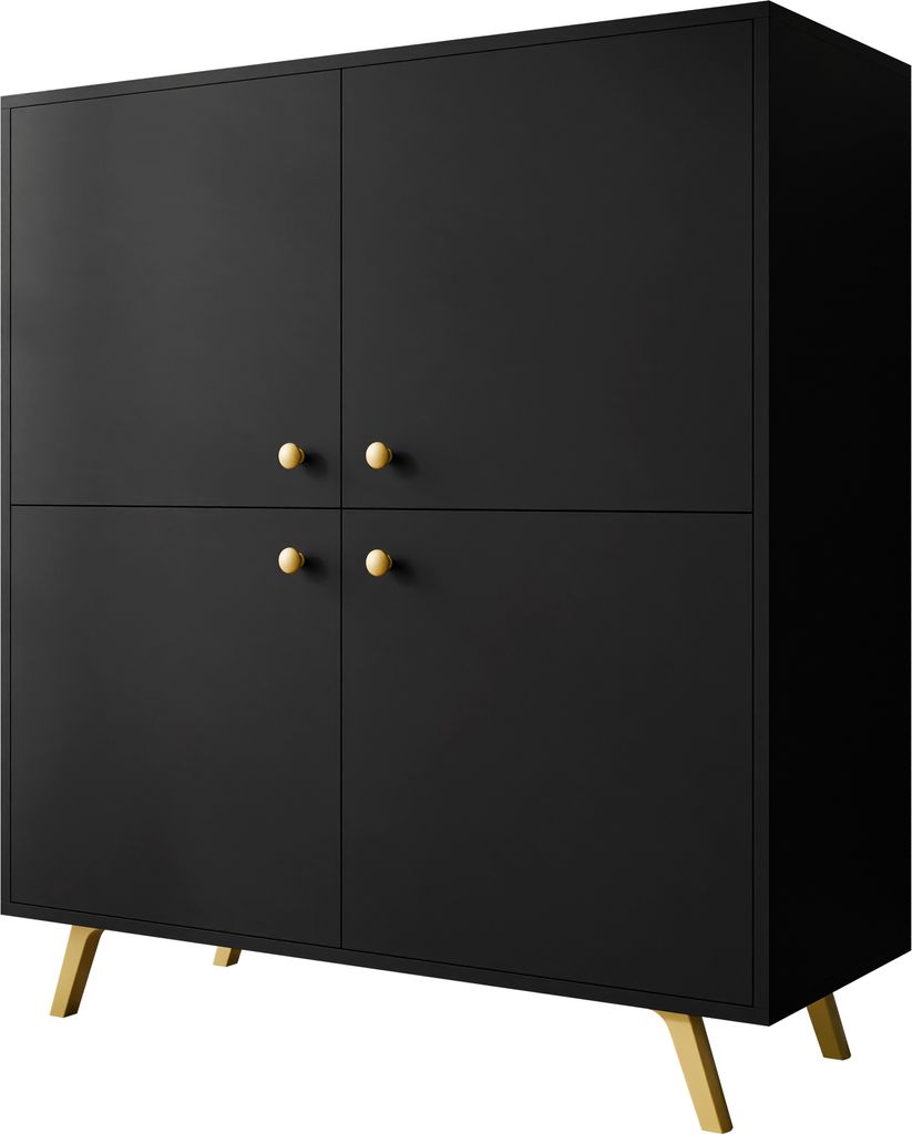 MIRJAN24 Türkommode Siena 4D, Kommode mit vier Drehtüren, Metallgriffe in der Farbe Gold (Farbe: Schwarz)