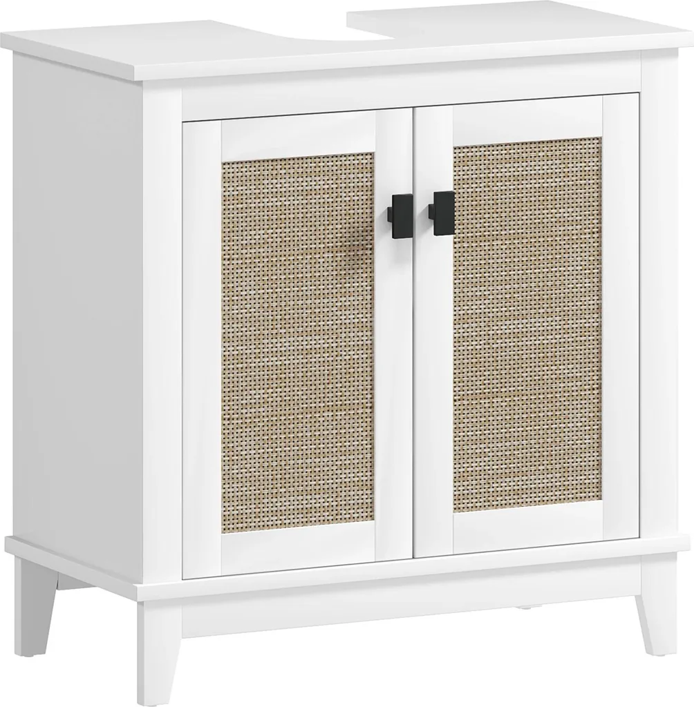 Meuble sous vasque à poser blanc avec 2 portes en rotin PE 60cm