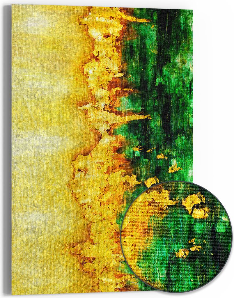 DEQOART Hybrid Leinwand Bild 60x90 cm 'Goldgrün der Zeit' Wandbild Glas flach modern