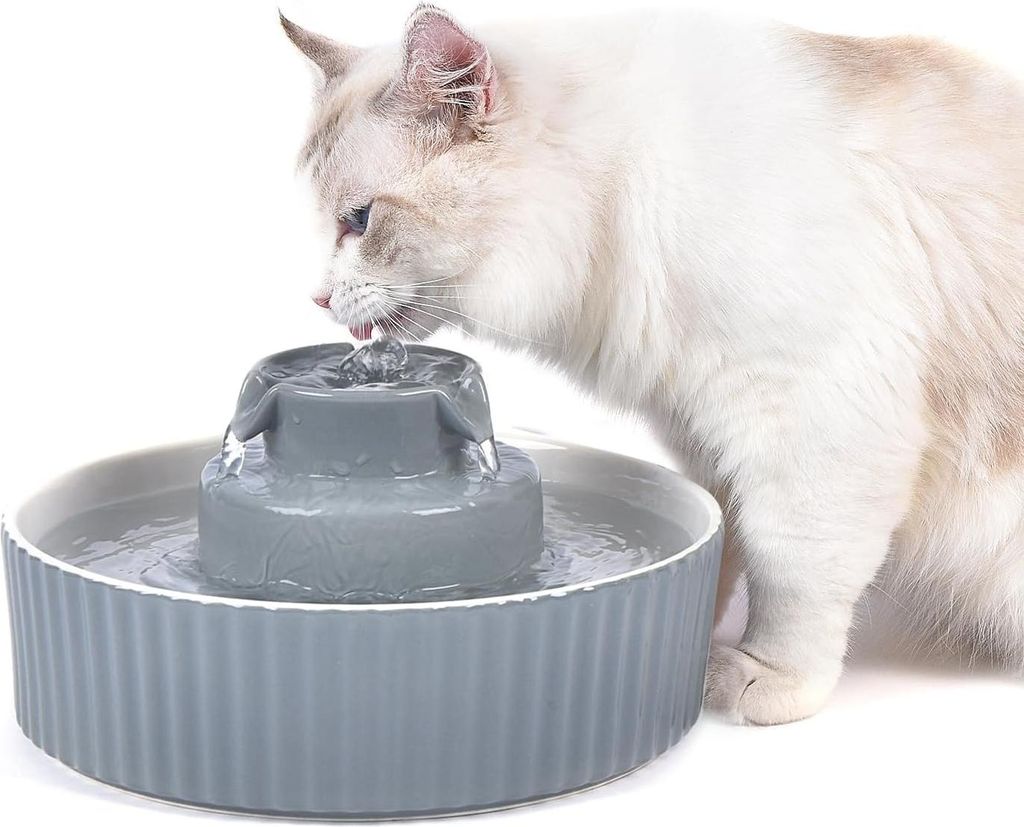 Keramik Katzenbrunnen 2,1L Trinkbrunnen für Katze und Hund, Katzenbrunnen Porzellan, Katzen Wasserspender mit Ersatzfilter und Schaumstoff Intelli...