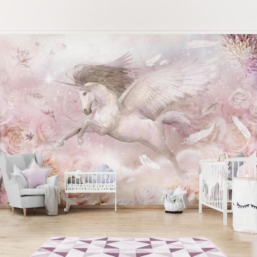 Fototapete Tiere - Vliestapete - Bildtapete UV-beständig Einhorn rosa Illustration Wandtapete geruchsfrei