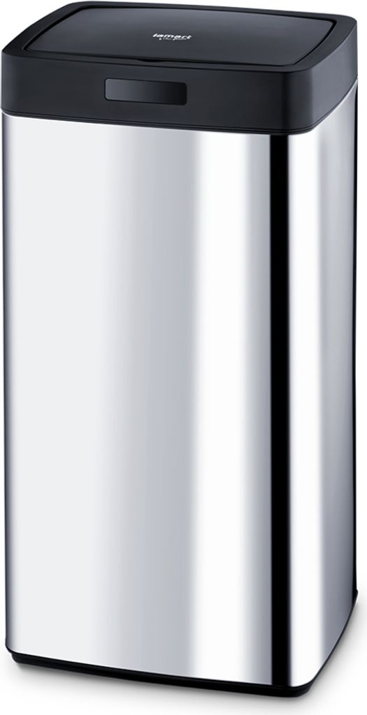 A studio shot of a stainless steel trash can with a black lid.