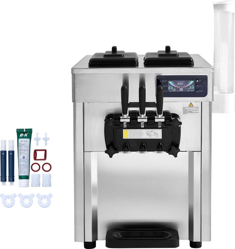SucceBuy Kommerzielle Eismaschine 18–28 L/h, 3 Geschmacksrichtungen, Softeismaschine mit 2 x 5,5 L Trichtern, LCD-Bedienfeld, Automatische Vorkü...