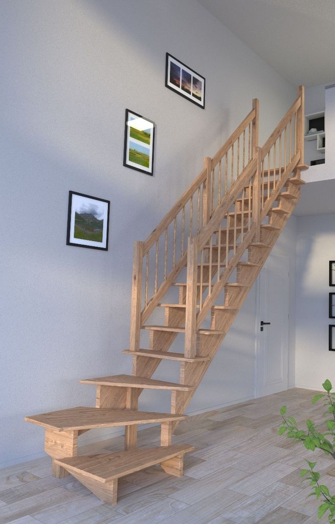 Holztreppe Lindos (Eiche) in 1/4 gewendelter Ausführung rechts-80 cm-Holz-Holz Design Geländer-beidseitig-ohne Setzstufen