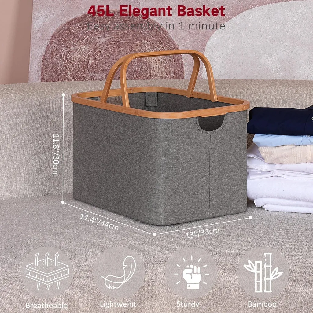 Panier à linge pliable gain de place - Panier bambou 43L gris robuste