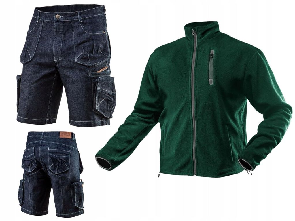 NEO TOOLS Herren Denim Kurze Arbeithose Denim Gr. XS-3XL | oder Set mit Warme Fleecejacke | Gr. XL