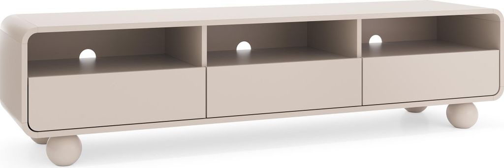 A beige TV stand with three open shelves and three drawers, supported by spherical legs, is shown against a white background.