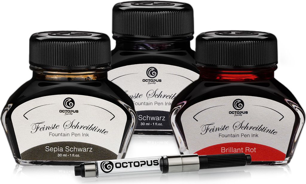 3 x 30 ml Octopus Schreibtinte mit Tinten-Konverter, Schwarz, Sepia und Brillant Rot