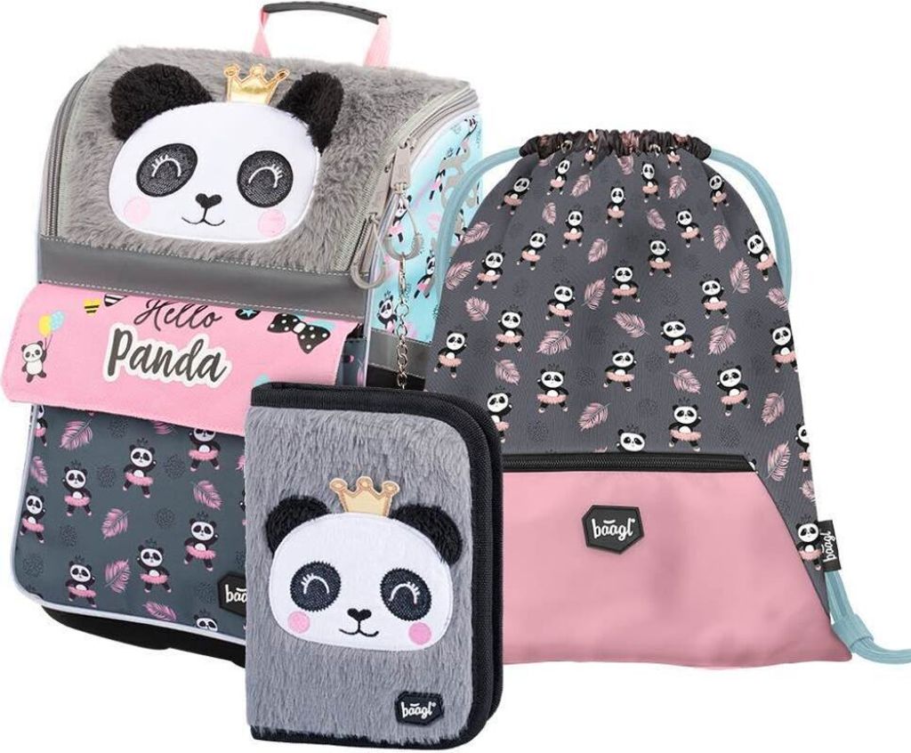 Baagl Schulranzen Mädchen Set 3 Teilig - Zippy Schultasche ab 1. Klasse - Grundschule Ranzen mit Brustgurt - Ergonomischer Schulrucksack (Panda)