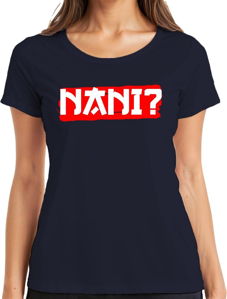 NANI? Anime Otaku Manga Fan Japan Meme Reaktion Popkultur Retro Damen T-Shirt, Navy, L