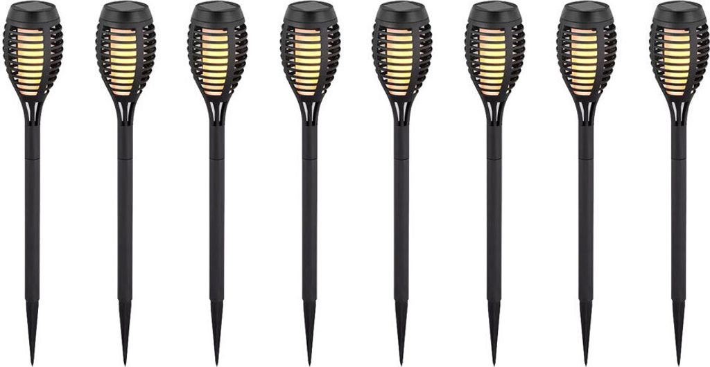 8er Set LED Solarleuchten, schwarz, Feuereffekt, H 50 cm